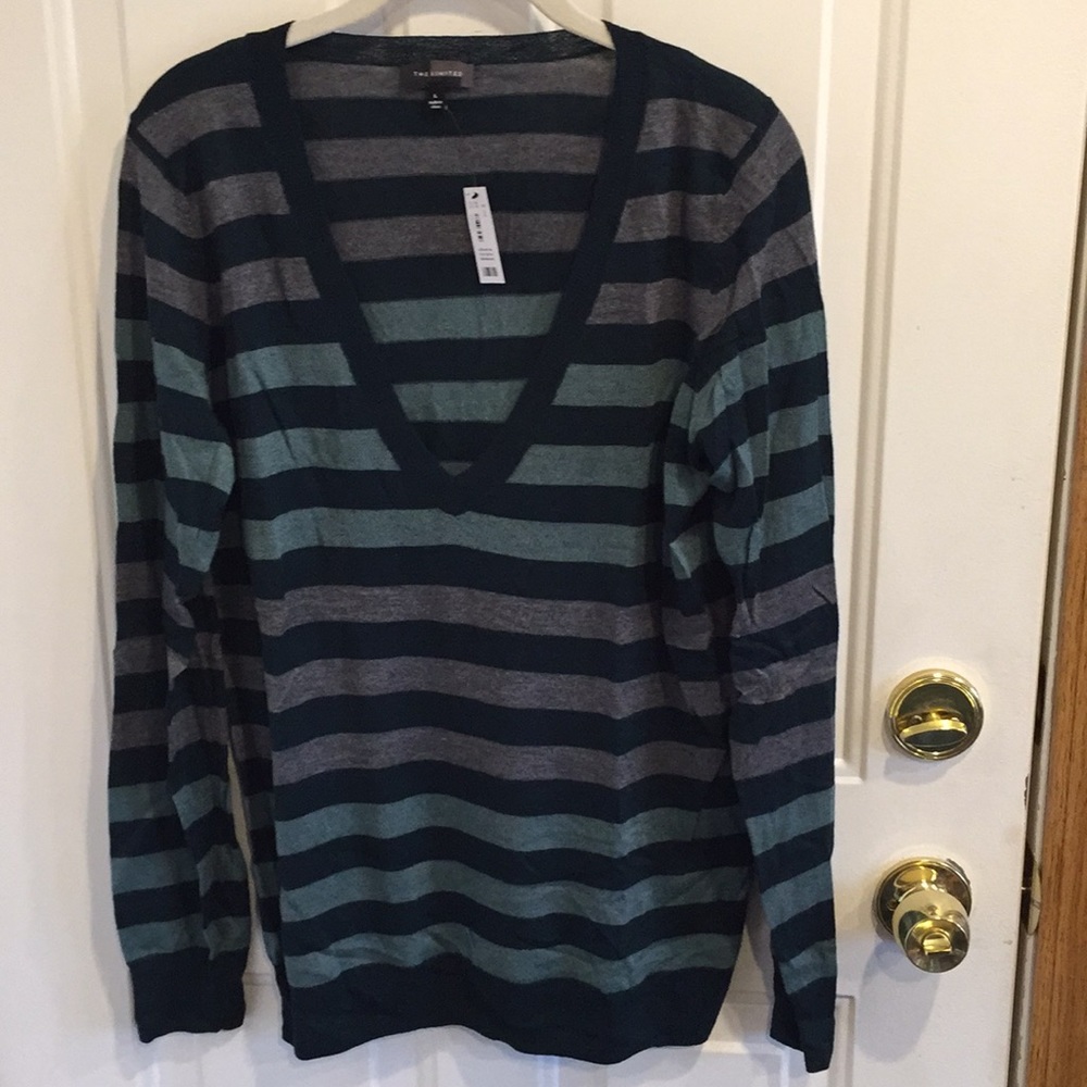 NWT The Limited Striped V-Neck Sweater Greens Gray